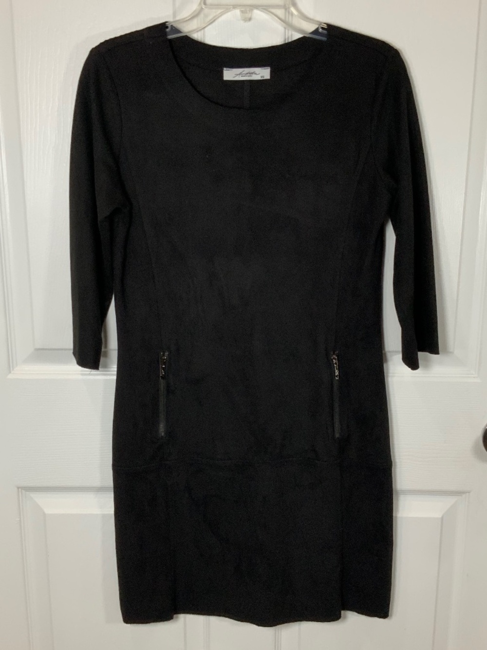 Black Faux Suede Mini Dress XS Bodycon 3/4 Sleeve Zip Pockets Ambika Pronto Moda